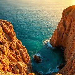 Obraz premium Golden hour light bathes rugged coastal cliffs and turquoise waters in a warm, inviting glow, ocean, scenic