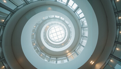 Fototapeta premium Spiral staircase viewed from below featuring glass and modern architecture