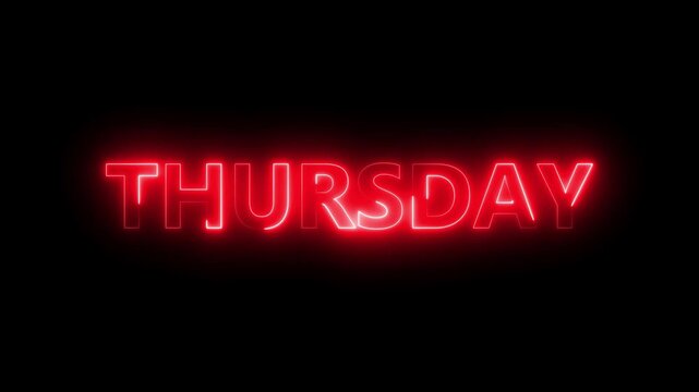 Bright neon lines thursday text red color animation.  7 days a week name thursday 4k video. 