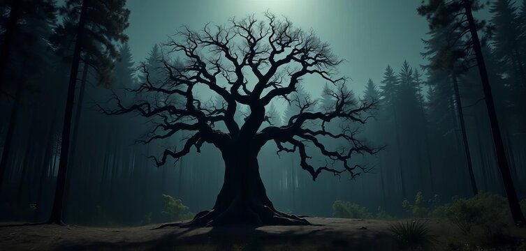 Gnarled, ancient tree silhouette standing tall in a deep, dark forest clearing,  outdoor,  solitary
