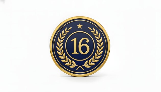 Elegant 3D gold and navy blue medallion with the number sixteen and a laurel wreath, perfect for acknowledging a 16th-place rank or year-long achievement