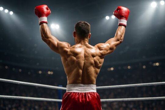 Triumphant boxer raising arms in victory inside ring under stadium lights with cheering crowd in background, symbolizing strength and determination. Ai generative