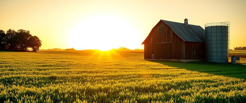 Golden hour sunlight bathes a rustic barn and silo, casting long shadows across lush green fields, tranquil, grass