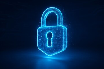 Glowing digital padlock symbol in neon blue with particle effect on dark background, representing cybersecurity and data protection concept. Ai generative