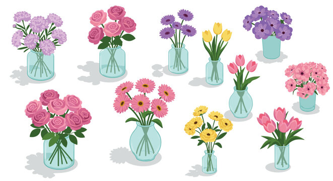 Charming floral arrangements in glass vases with colorful spring blooms