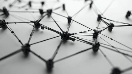 Abstract, grayscale network of interconnected nodes and lines, suggesting complex relationships, depth of field