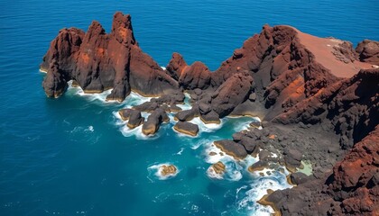 Dramatic volcanic rock formations rise from the shoreline against the deep blue ocean, landscape, beach