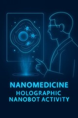 Futuristic nanomedicine visualization with holographic nanobot activity inside cells.