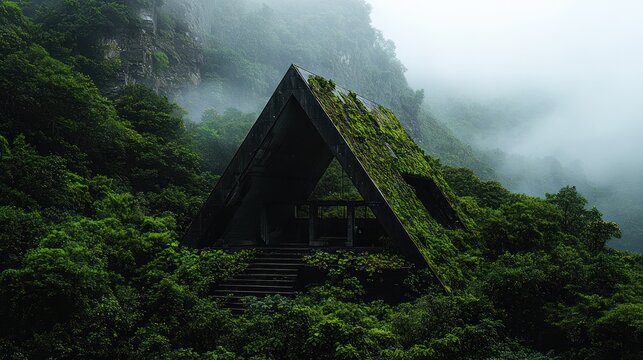 A moss-covered triangular shelter, its concrete frame weathering amidst lush green foliage and shrouded in mist
