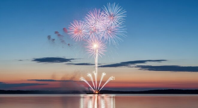 Spectacular fireworks burst over a tranquil lake at sunset, reflecting colorful lights in the still water