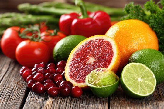 Fresh, vibrant produce arranged on rustic wood