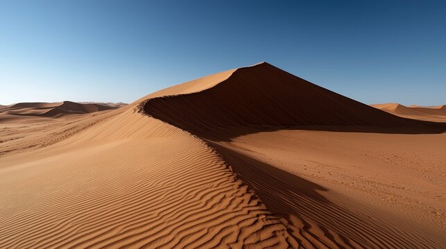 Vast desert landscape under a clear blue sky, featuring a large, textured sand dune with flowing curves and shadows