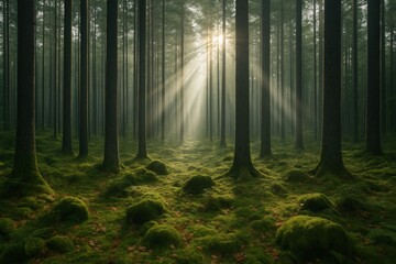 Fototapeta premium Mysterious sunlit forest with tall trees and moss-covered ground bathed in morning light rays piercing through misty woodland atmosphere. Ai generative. Ai generative