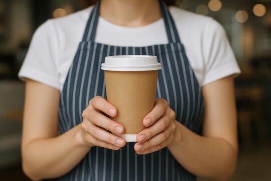 Close-up of barista in striped apron holding disposable coffee cup with lid in hands, blurred cafe background, warm customer service concept. Ai generative - Powered by Adobe