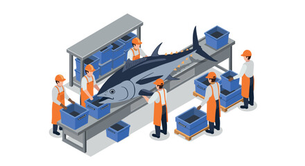 Isometric tuna processing concept with workers in orange uniforms at fish factory