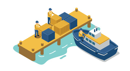 Cargo operations on dock with workers and shipping boat in isometric style