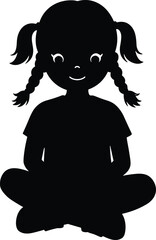 Child silhouette vector, girl with braids, sitting pose, smiling face, educational icon, black and white style, isolated children illustration