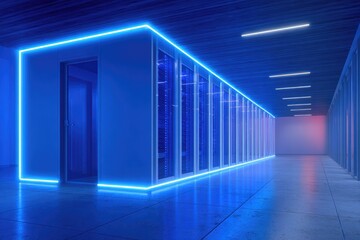 Modern server room lit by vibrant neon blue