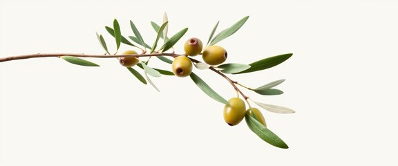 Lush green olive branch with delicate leaves and developing fruits on a plain background,  fruit,  Mediterranean