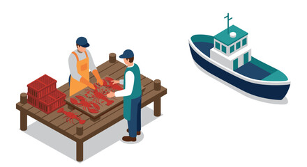 Naklejka premium Fishermen sorting lobsters on dock with boat in isometric style