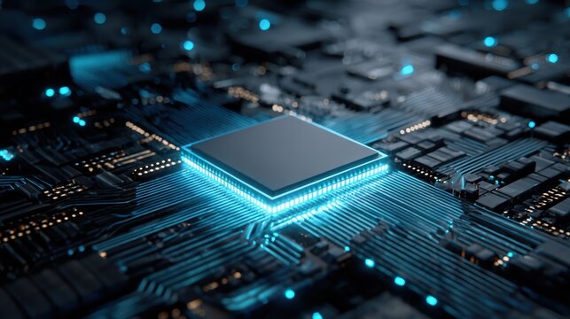 Close-up of a glowing circuit board with a central processor, showcasing modern digital technology and innovation.