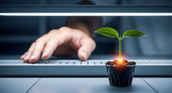 Nurturing growth online showing seedling near hand typing for eco business