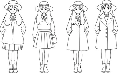 Fashion girl line art illustration, winter outfit, coat and skirt styling, hand-drawn character design, trendy feminine look, black and white sketch