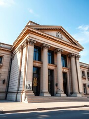 Obraz premium Grand stone bank facade with ornate columns and large windows under a clear sky, government, stonework