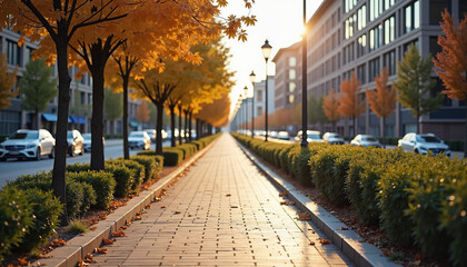Obraz premium Autumn city street lined with trees and glowing street lamps during sunset 