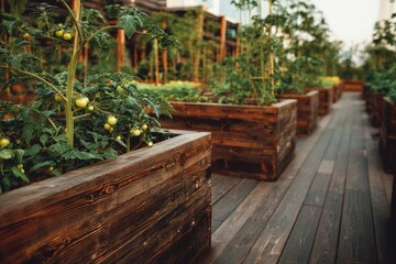 Wooden raised garden beds on a rooftop terrace, filled with thriving tomato plants and other greenery