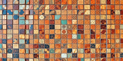 Fototapeta premium Intricate mosaic tile patterns with rich textures and warm hues, ancient, handmade
