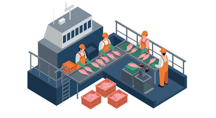 Obraz premium Isometric fish processing on shipping vessel with workers and conveyor belt