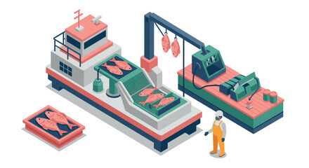 Isometric fishing industry processing plant with conveyor and fishing boat