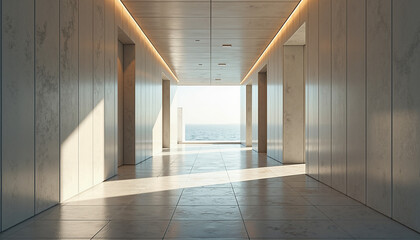 Fototapeta premium Minimalist hallway with natural light and ocean view at the end 
