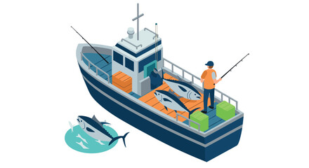 Obraz premium Isometric fishing boat with fishermen and catch on ocean