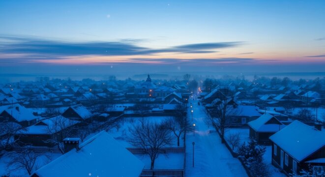 A serene winter cityscape at dawn, with snow-covered rooftops and quiet streets. The soft, pastel-colored sky contrasts beautifully with the sparkling snow, creating a peaceful morning atmosphere.