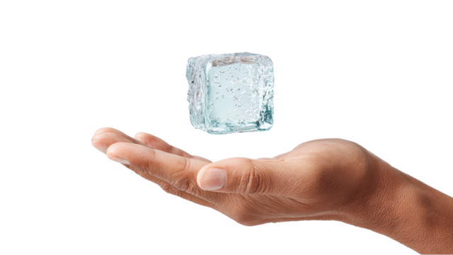 Hand Presenting Floating Ice Cube on White Background