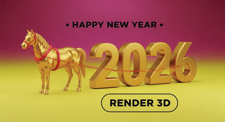A golden horse gracefully pulls the year 2026, symbolizing prosperity and new beginnings in this festive 3D render, perfect for celebrating the upcoming year.