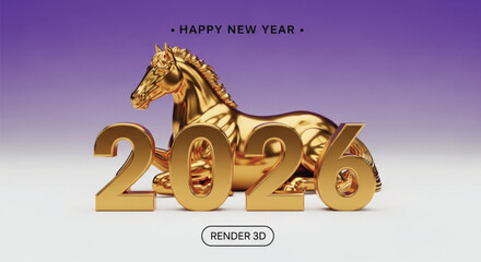 A golden horse and the year 2026 are displayed against a purple and white backdrop, creating a festive atmosphere perfect for New Year celebrations. 