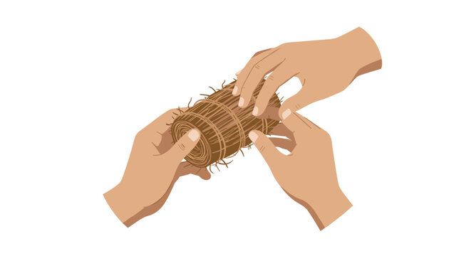 Hands crafting traditional straw basket on white background