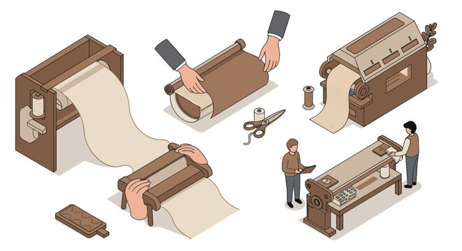 Isometric paper production process with machines and workers illustrated