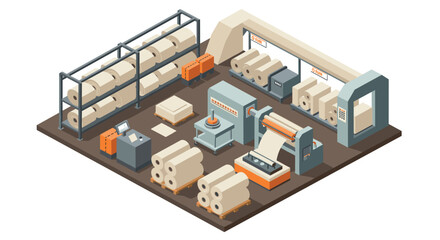 Obraz premium Isometric paper manufacturing factory interior with industrial equipment and supplies