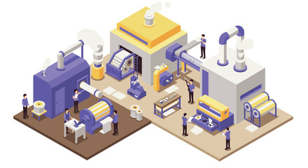 Obraz premium Isometric paper manufacturing plant with workers and machines