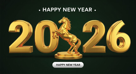 A golden horse statue is standing between the numbers 20 and 26, which represent the year 2026, for a happy new year celebration and festive greeting.