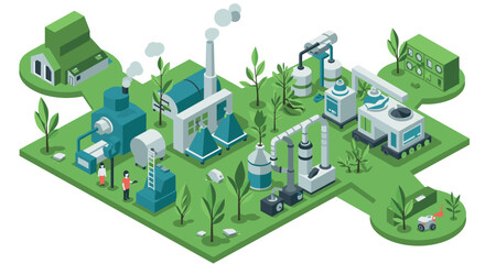 Fototapeta premium Ecofriendly factory in isometric style innovative green manufacturing concept