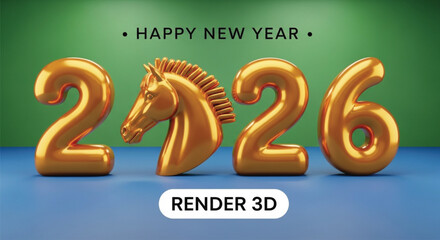 A captivating illustration showcasing golden numbers '2026' with a horse head, symbolizing a prosperous New Year. The blue surface and green backdrop enhance the festive mood.