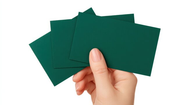 Woman hand holding dark green business cards