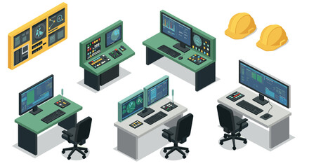 Modern control room isometric set with workstations and safety helmets