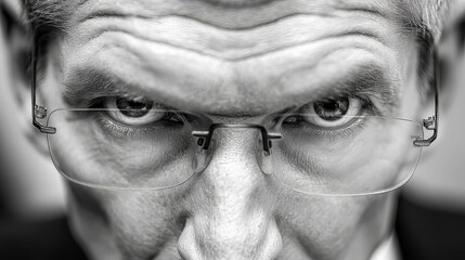 Intense focused man with gray hair wearing rimless eyeglasses looking directly at camera close-up portrait showing facial wrinkles and serious expression in black and white
