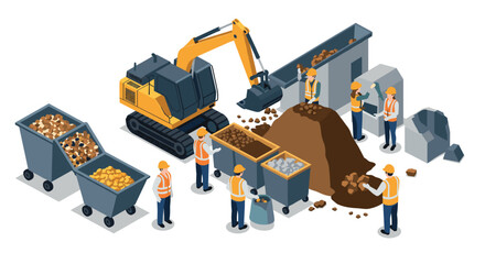 Isometric construction site with excavator and workers in safety gear